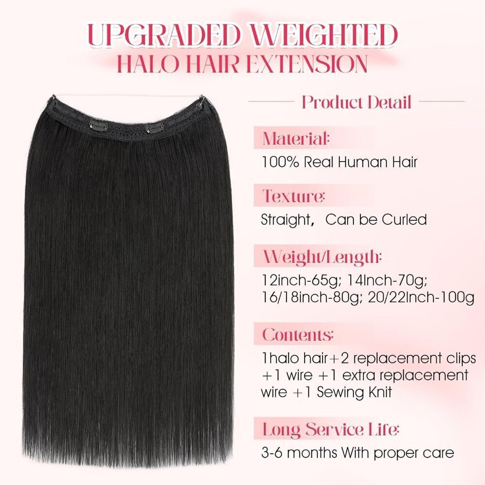Remy Human Hair Halo Extensions 16 Inch Jet Black Fullness Clip-In Hairpiece - Picture 2 of 9